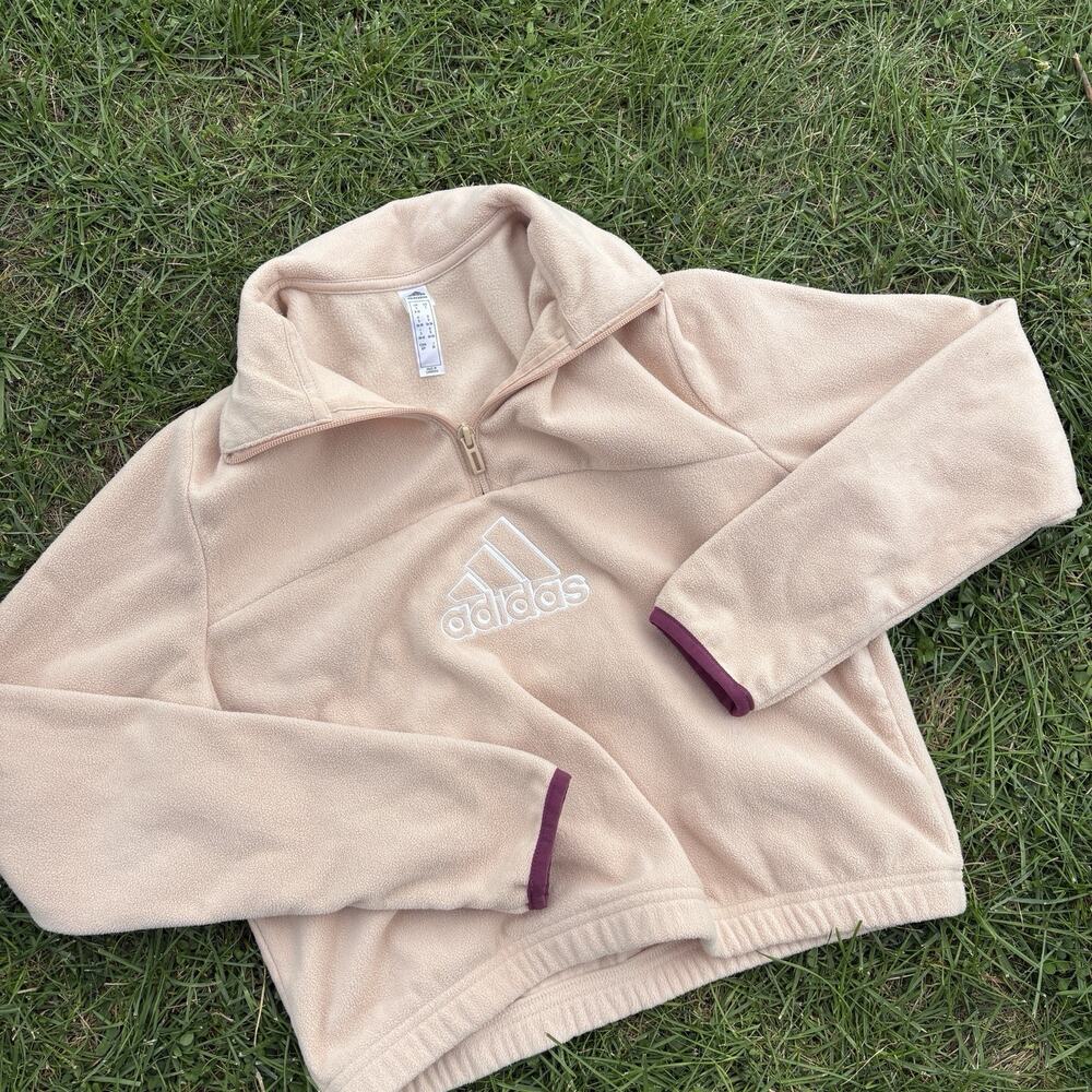 Adidas Fleece Sweatshirt Quarter Zip Crop Polyester Mock Neck Pullover Womens S
